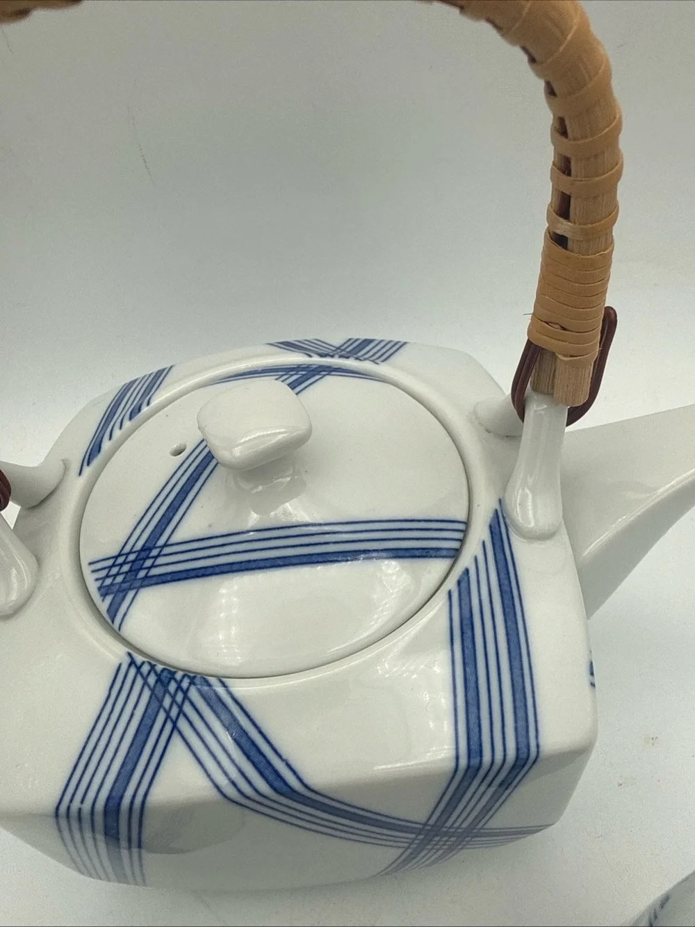 Blue & White Porcelain Teapot Set with Bamboo Handle - 5pc